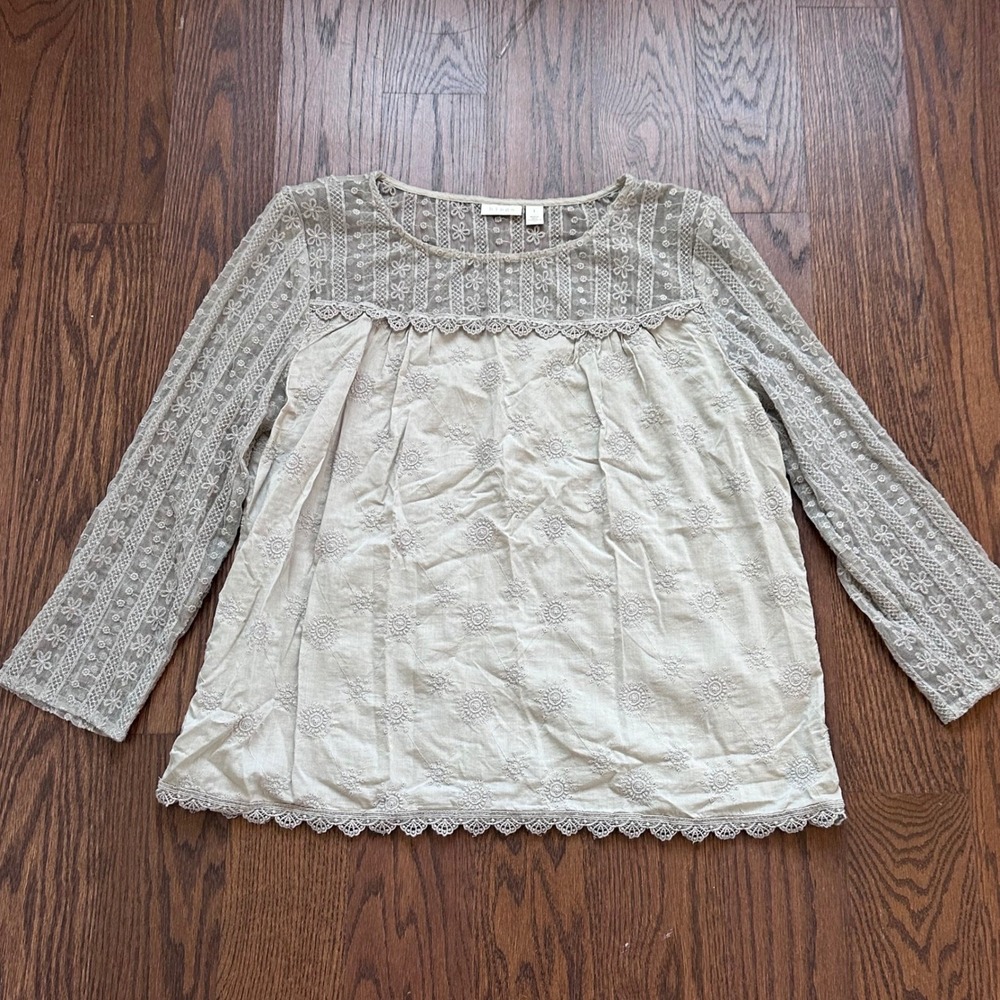 Hinge Womens Beige Embroidered Mesh Yoke Lace Trim Blouse HL320507MI Size L